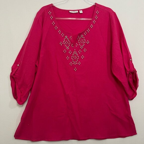 Susan Graver Pink Embellished Rolled Tab Relaxed Side Slit Blouse XL - Picture 1 of 9
